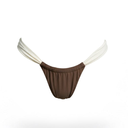 Brown bikini set with white straps on a white background